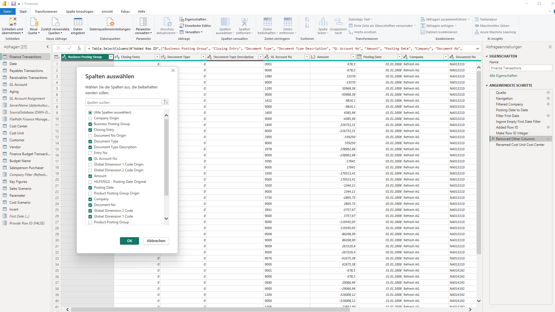 Power Query Spalten W&auml;hlen